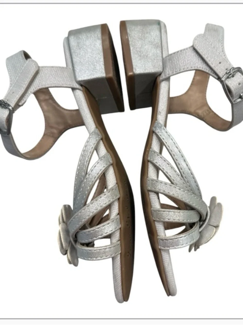 Sam Edelman Kids Calla Flower Silver Metallic Dress Sandals Low Block Heel Sz 1